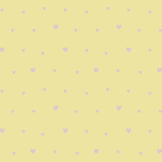 Широкие обои с мелким рисунком сиреневых сердечек на желтом фоне для спальни девочек